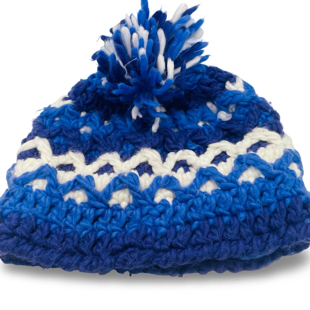 LL Bean Knit Beanie Pom Kids Medium Hat Blue Purple Fleece Lined Winter Ski Cap
